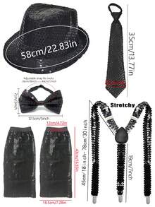 5件套 Forever & Moment 70年代成人角色扮演服装配饰套装，男女皆宜，包括亮片帽、领结、领带、吊带、腿套 - 适用于演唱会服装、迪斯科主题派对、经典流行巨星角色扮演舞蹈表演、情人节服装