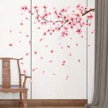 Pink Cherry Blossom Branch Wall Decals Set, Falling Petals, Self-Adhesive Removable Floral Stickers, Suitable For Kids Room, Bedroom And Room Decor - Multicolor - View 5