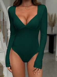 Vaiaye 女士性感 Y2K 连体衣，V 领长袖修身黑色紧身衣，适合情人节、春夏穿着 - 墨綠色 - 查看 7