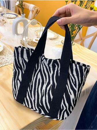 Minimalistischer japanischer Stil Zebra Muster Shopper, künstlerische Blumen Lunch Box Tasche, süße Studenten Pendler Segeltuch Handtasche, tägliche Pendler Einkaufstasche, geeignet für Studenten, Reisen, Einkaufen, Transportieren von Lunchbox