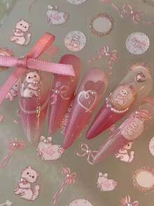 1 pieza 2026 Nuevo lindo lazo gato estilo francés crema lindo estilo corazón en relieve pegatina de arte de uñas decoración de uñas suministros de uñas - Multicolor - Ver 7