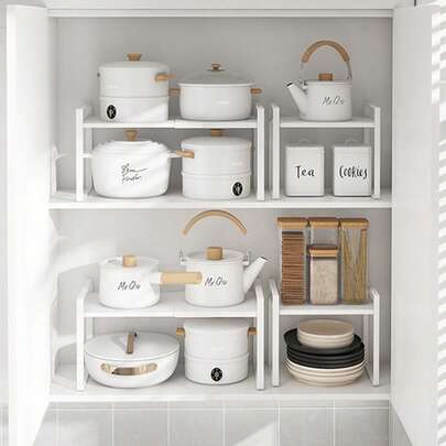 1个可伸缩橱柜收纳架，金属厨房台面储物架，厨房收纳架，调料架，白色可堆叠。可调节厨房收纳架，适用于橱柜下方。