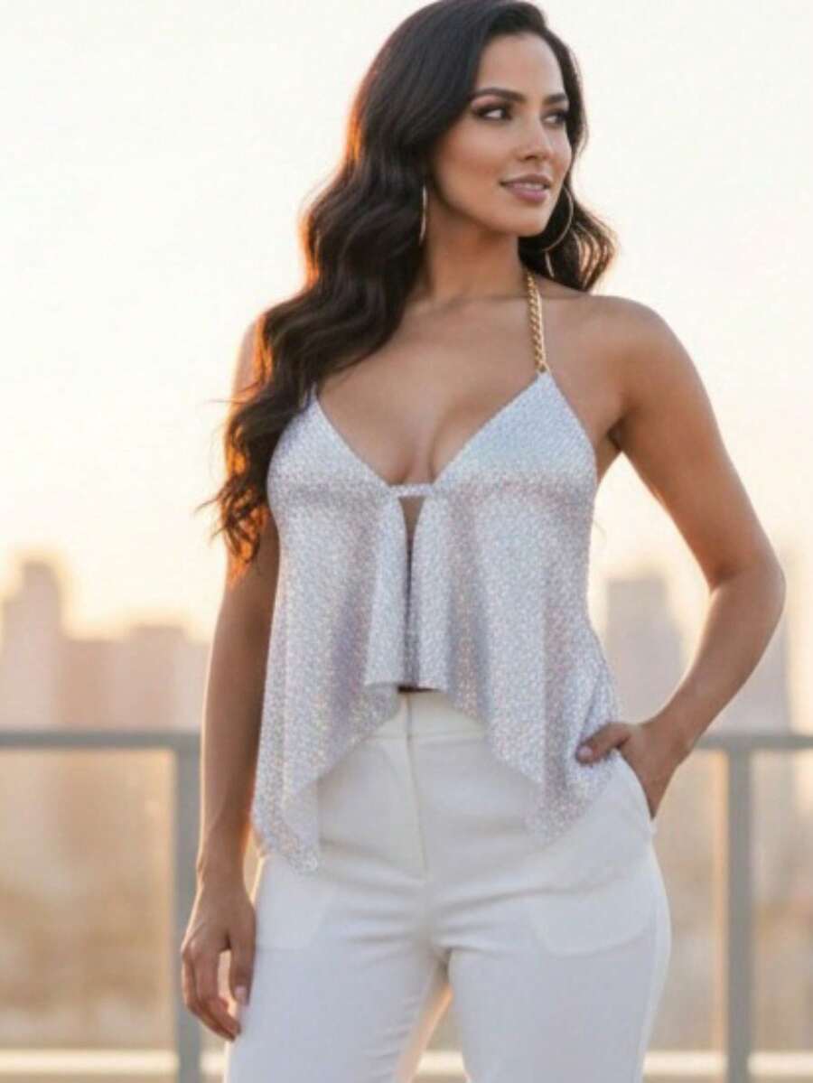 Cropped Lurex Paetê Balada Frente Única De Bico Corrente