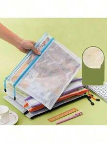 Pasta Tamanho Folhas A4 De Plástico Multiuso Com Zíper - À prova d'água, fácil de transportar, macia, resistente ao desgaste, durável, e não é facilmente danificada. É translúcida sendo fácil Identificar as folhas , Envio Rapido - Multicolorido - Visão 8