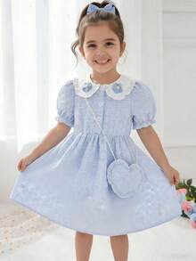 Young Girls Spring/Summer Jacquard Fabric Peter Pan Collar Floral 3D Decor Elegant Cute Style Dress, With Heart Handbag - Blue - View 2