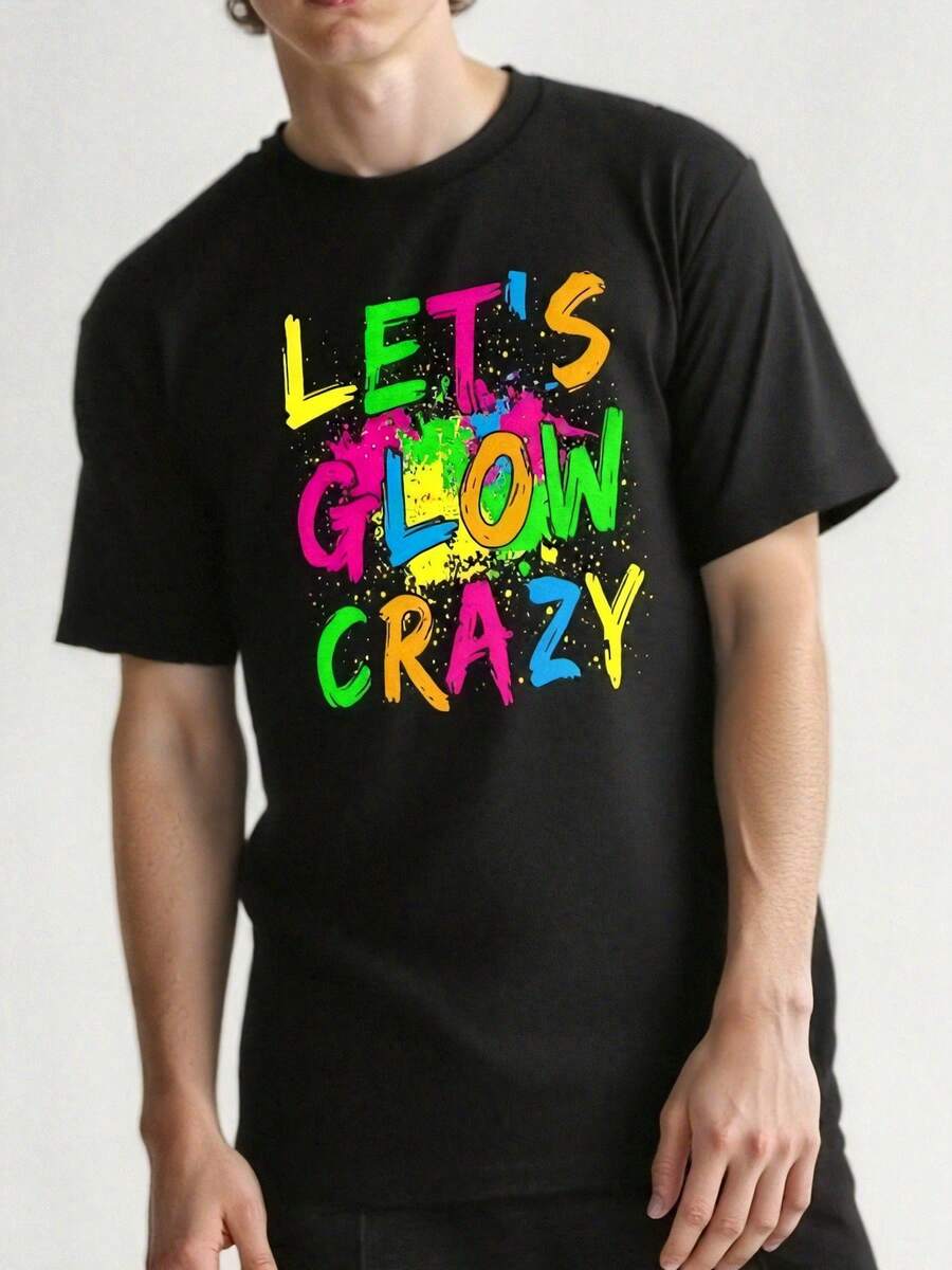 Men'S Retro Colorful Party T-Shirt With A Round Neck And Short Sleeves, Machine Washable, Featuring A Glow-In-The-Dark Graphic Print, Perfect For Nighttime Events And Gatherings. - Black - View 1