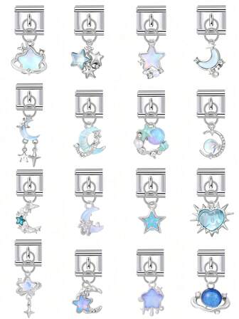 1件时尚迷人可爱星空不锈钢模块化DIY手链吊坠，采用独特设计，包含心形、行星、月亮和星星图案，适合女性制作DIY手链、项链、手工吊坠和珠宝配饰，适合所有人