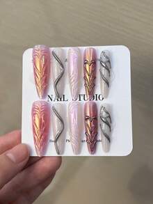 10片/套 Y2K 奢华手工长杏仁形 3D 银色法式凝胶美甲贴纸，带有 3D 银色爱心和闪粉设计，情人节风格，全覆盖亚克力假指甲，包含 1 片果冻凝胶和 1 把指甲锉，手工制作，适合女性和女孩日常工作、学习和派对美甲用品。 - 查看 5