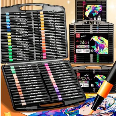 12/24/36/48/60/80 Color Upgrade Soft-Tip Acrylic Markers, Soft-Tip, Exclusive For Primary School Students, Painting Pens, Opaque Color Stacking Acrylic Markers, Art Painting, Children's Graffiti, Paper-Proof, Stackable Colors, Washable, Student Painting Pens, Marker Pen Set