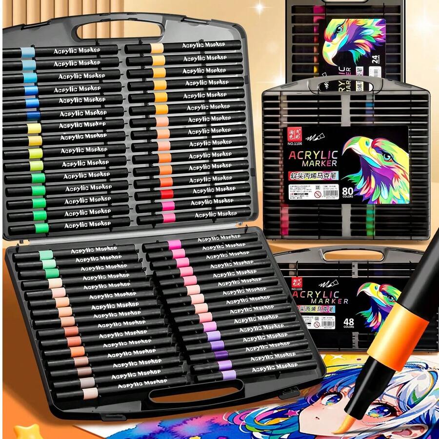 12/24/36/48/60/80 Color Upgrade Soft-Tip Acrylic Markers, Soft-Tip, Exclusive For Primary School Students, Painting Pens, Opaque Color Stacking Acrylic Markers, Art Painting, Children's Graffiti, Paper-Proof, Stackable Colors, Washable, Student Painting Pens, Marker Pen Set - Black Box Eagle Soft Tip Acrylic Markers - View 1