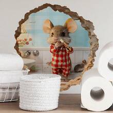 1pc Self-Adhesive Cute Toothbrushing Mouse Decorative Sticker, Funny 3D Wall Decor For Bathroom - Multicolor - View 7