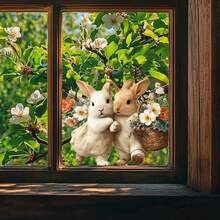 1张复古绅士兔手捧彩蛋窗贴，可移除PVC材质，适用于春季复活节卧室、客厅、阳台和商店橱窗装饰 - 彩色 - 查看 7