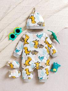 3pcs Baby Boy Dinosaur Print Colorblock Romper + Hat + Mittens Cute Set - Light Grey - View 2