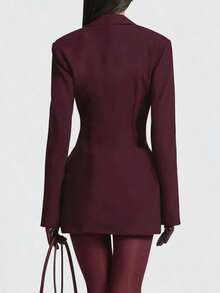 Elegant Party Mini Dress, Women's Deep V-Neck Long Sleeve Fitted Style, Button Front, Wine Red Knit Fabric With Stretch Spring - Purple - View 7