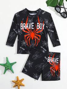 Conjunto de traje de baño de manga larga y pantalones cortos con estampado de araña para niños pequeños - Multicolor - Ver 1