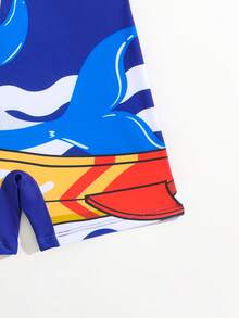 Young Boy Cartoon Shark Print Raglan Short Sleeve Beachwear Romper - Multicolor - View 5