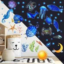 97 piezas Brillan en la oscuridad Mar pared Calcomanía Pegatinas Oceano pared Calcomanías Impermeable Retirable Brillante Pegatina por Niños Cuarto Decoración ()(Azul)