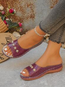 Giày sandal thời trang cỡ lớn dành cho nữ size 35-45, họa tiết da cá sấu màu đỏ tía, kiểu dáng thường ngày, hở mũi, đế xuồng, đế dày, thích hợp cho mùa hè. - Họa tiết cá sấu màu đỏ rượu vang - Xem 3