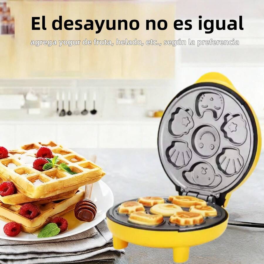 Máquina automática de desayuno eléctrica doble cara mini para niños, para uso doméstico, waflera, postres, pasteles. Horneado, multifuncional. - Amarillo - Ver 1