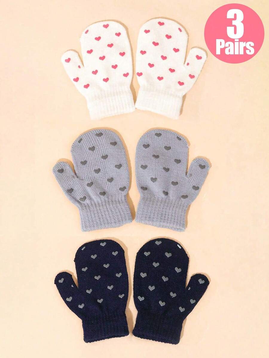 1/3 双婴儿爱心针织手套，保暖防抓，适合幼儿男女日常使用 - 愛心 - 查看 1