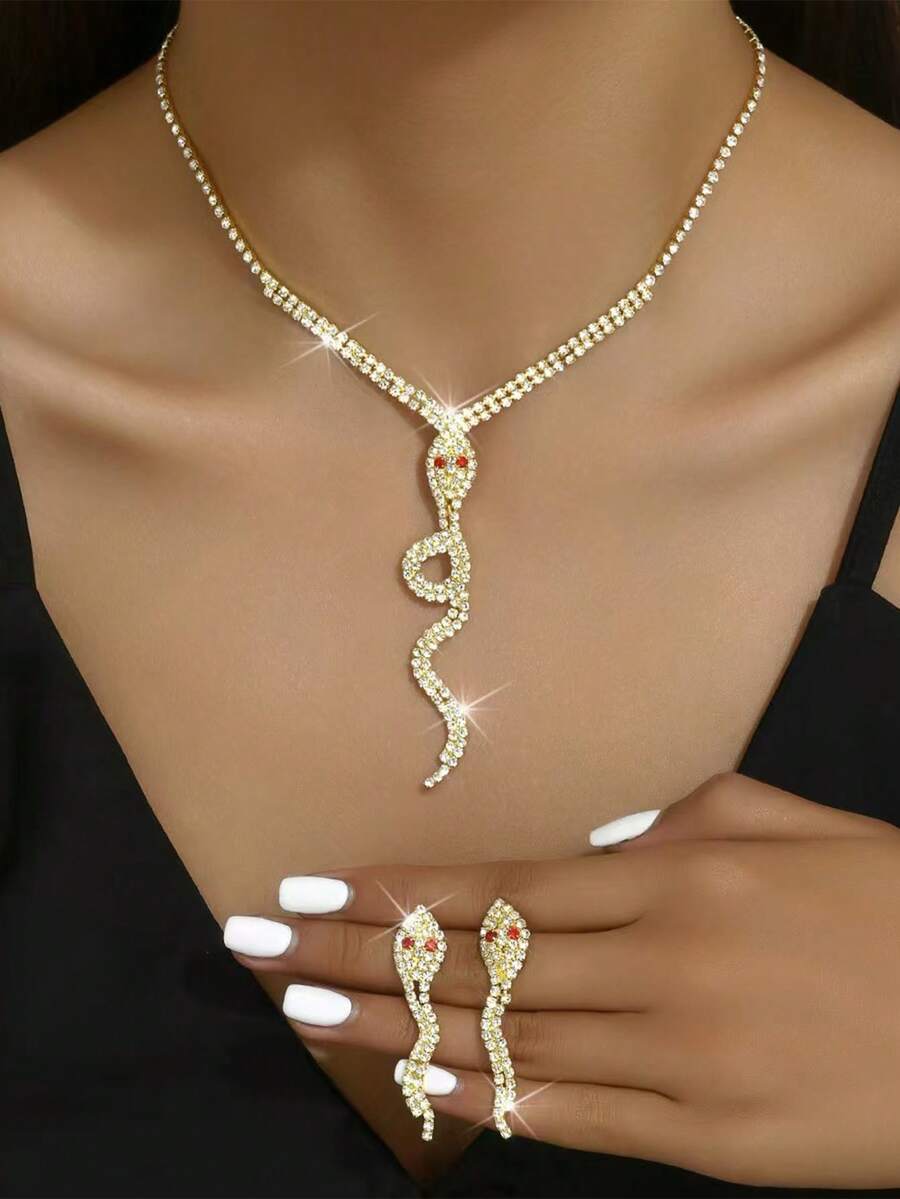 3PCS Full Rhinestone Shiny Snake Element Necklace & Earrings Jewelry Set, Women's Personalized Fashion Vintage Snake Jewelry - Multicolor - View 1