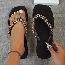 Women's Chain Black Sandals - Lightweight, Waterproof, Comfortable Summer Flip Flops With PVC Upper, Square Toe, Flat Heel | New Arrival 2025 - Black - View 1