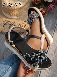 WRCVS Platform Wedge Sandals, Round Toe Fashion Slip-On Shoes, Polyurethane Sole, Lightweight Commuter Shoes, Leaf Decor Tassel, Rhinestone Decor, Sexy Party Shoes, Elevated - Black - View 1