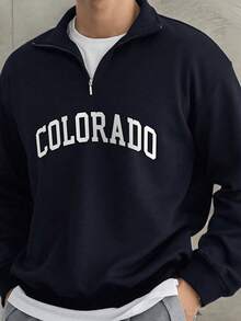 Men's Casual Fashion Versatile Letter Print Zip-Up Collar Sweatshirt, Autumn/Winter - Navy Blue - View 1