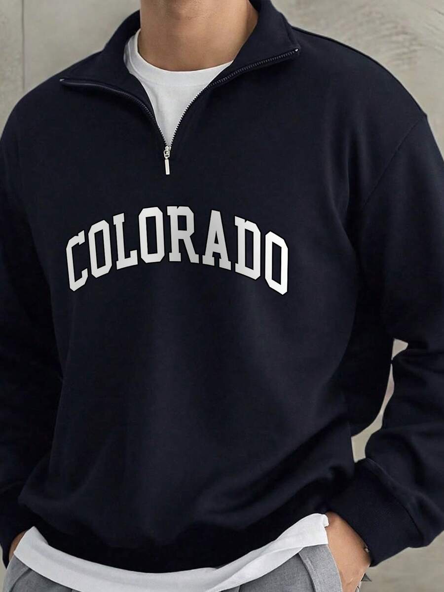 Men's Casual Fashion Versatile Letter Print Zip-Up Collar Sweatshirt, Autumn/Winter - Navy Blue - View 1