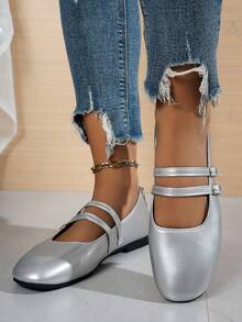New Fashion Metal Buckle Decor Strap Buckle Flat Shoes, Comfortable Non-Slip Versatile Style Suitable For Daily Wear And Commuting - Silver - View 3