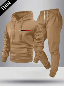 Men's Lightweight Regular Fit Hoodie And Sweatpants Set, Personalized Letter Print Pattern, Fashionable Casual Outfit With Pockets And Drawstring Waist, Suitable For Husband/Boyfriend Gift, Street, Commute, Outdoor Wear In Spring And Autumn - Khaki - View 1