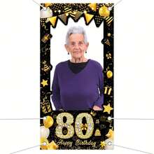 1pc Black & Gold Happy Birthday Photo Booth Prop Banner Decoration, For 18th, 21st, 30th, 40th, 50th, 60th, 70th, 80th, 90th Birthday Celebration, Birthday Photo Frame Decor Background, Home Decor - Multicolor - View 12