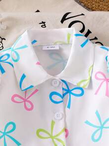 2件套女婴时尚蝴蝶结衬衫领纽扣前襟灯笼袖休闲衬衫上衣和松紧腰粉色蝴蝶牛仔裤套装 - 白色 - 查看 4