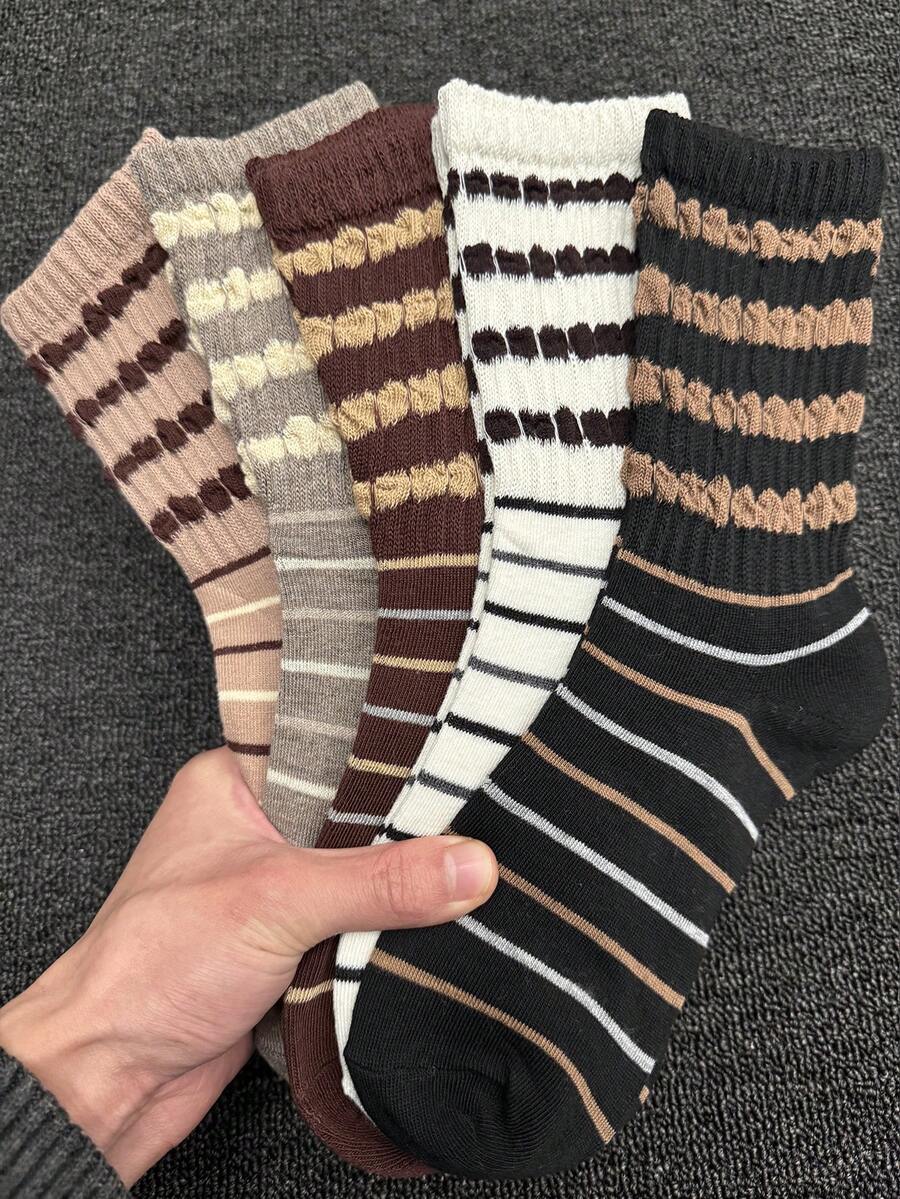 5双装女士宽松袜，秋冬条纹中筒袜，彩虹色复古长袜，宽松袜口不勒腿舒适针织袜，可爱叠穿袜，褶皱袜，冬季保暖袜，荷叶边袜