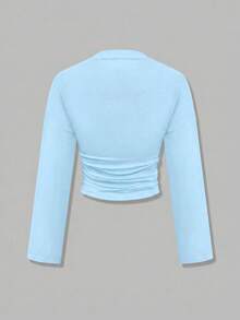 Nueva blusa elegante de manga larga con cuello redondo y volantes de unicolor, adecuada para vacaciones, citas, escuela, viajes y uso diario en primavera - Azul - Ver 7