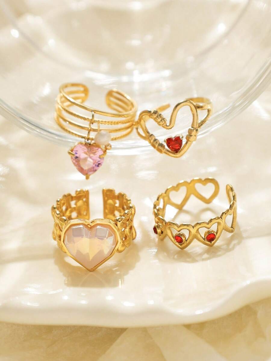 1PC Cute And Fashionable Pearl Pink And Red Zirconia Heart-Shaped Stainless Steel Open Adjustable Gold Ring, Perfect For Girls' Daily Wear, Parties, And As A Delicate Jewelry Gift.