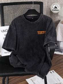 Outdoor Sports, Modern Street Style,Tokyo Racing Print, (230g Pure Cotton T-Shirt), Fashionable Vintage Washed Men's Cotton T-Shirt, A Perfect Surprise Gift For Family And Friends, Dropped Shoulder Design, Round Neck, Men's T-Shirt, Men's Summer T-Shirt, Holiday Gift, Ideal Present. - 黑色 - 查看 2