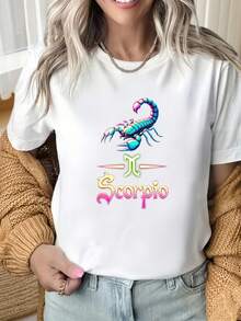 Women's Round Neck Short Sleeve T-ShirtScorpio Zodiac Sign T Shirt Neon Scorpion Design Astrology Horror Style Black Crewneck Top For Women And MenFun Prints Are Suitable For Christmas Partysports Activitiesholiday Partiesoutingssports And Other Holiday Gifts (220g). - 白色 - 查看 5