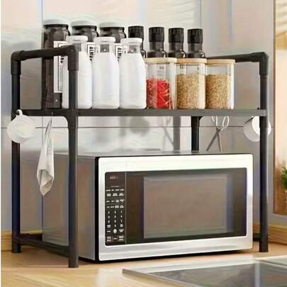 双层可调节金属微波炉架，黑色厨房储物架，开放式置物架，节省空间，适用于微波炉、烤箱和台面，适合小空间