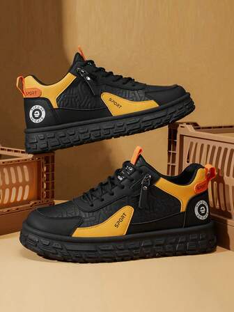 Men's Casual Sneakers, Fashion New Colorblock Design, Versatile Low-Top Lace-Up Shoes, Comfortable Padded Lining, Thick Non-Slip Sole, Suitable For Campus, Students, Leather Patchwork Athletic Shoes