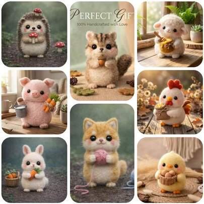 1Set Animal Needle Felting Kit, Felting Kits For Beginners Adult With Step-By-Step Tutorials, Squirrel/Rabbit/Hedgehog/Cat/Sheep/Chicken/Duck/Pig DIY Felting Kit, Cute Funny Home Decorative Ornaments, Birthday Valentine's Day And Christmas Gifts