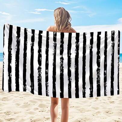 【250克超柔软速干】沙滩巾 | 70*140厘米/90*180厘米可选 | 简约黑白条纹图案 | 高吸水性便携泳巾，浴室装饰，沙滩巾 | 适用于夏季海滩、游泳、旅行、露营、健身