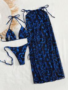 女士性感印花吊带露脐上衣、高腰半裙和比基尼三件套泳装，夏季海滩度假海岛风情 - 彩色 - 查看 2