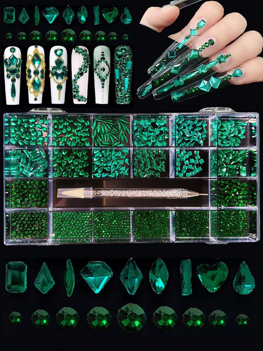 KIRAME 21 Compartments DIY Nail Art K9 Glass Deep Green Flat Bottom Rhinestone Set - 30pcs High Gloss Rhinestones Per Compartment, Includes 1 Dotting Pen, Nail Gems, Suitable For Nail Salons, Home Manicure, Nail Art Supplies, Christmas, New Year, Valentine's Day Nail Art, Holiday Gifts, Also Applicable To Crafts, Clothing, Textiles, Shoes, Glassware, Jewelry Making - Multi-Size Shiny Decorations Nails - 綠色 - 查看 1