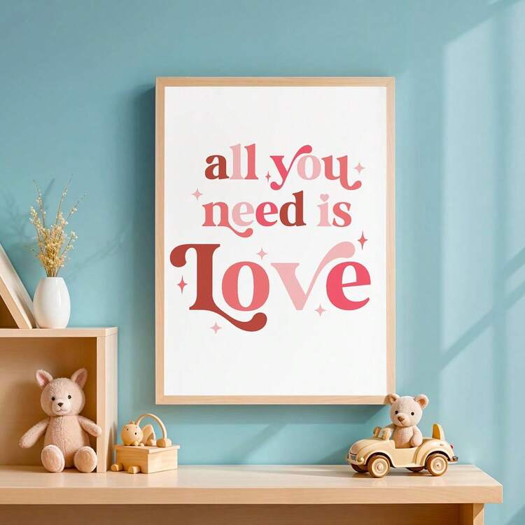 1幅帆布墙画，婴儿用品 - “All You Need Is Love”设计，粉色情人节儿童房装饰画，带框，完美适用于游戏室、婴儿房、育儿室、幼儿园、男孩房、女孩卧室装饰。 - 彩色 - 查看 2