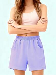 شورت كاجوال بلون أحادي للنساء، متعدد الاستخدامات - الأرجواني - مشاهدة 1