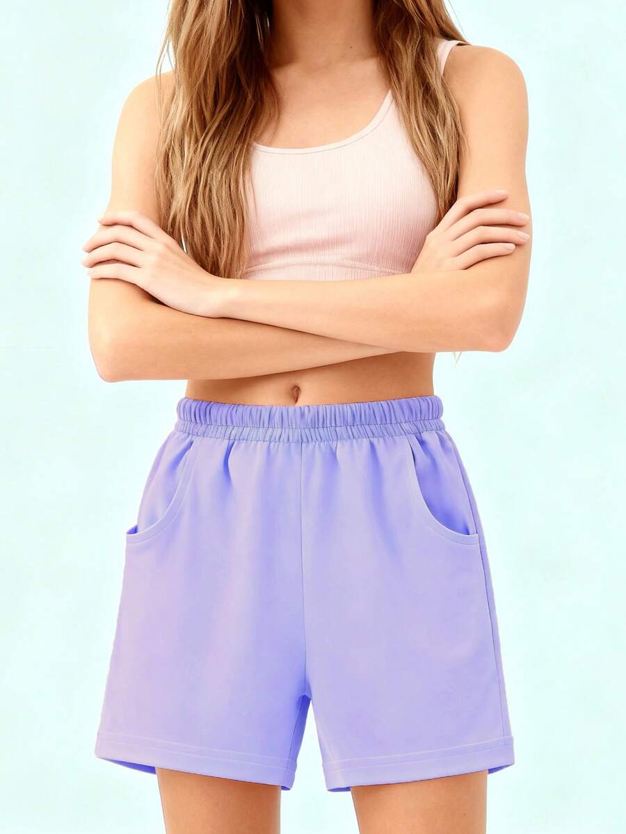 شورت كاجوال بلون أحادي للنساء، متعدد الاستخدامات - الأرجواني - مشاهدة 1