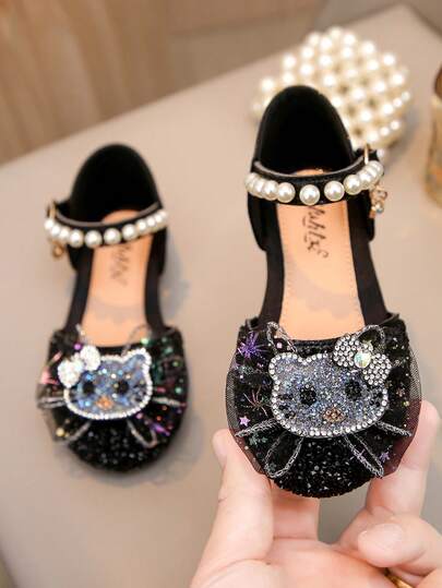 1 Pair Girls' Flat Sandals, Shiny PU Material, Rhinestone Inlaid, Pearl Bow Decor, Suitable For Parties, Dancing, Spring/Summer