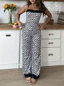 Black & White Leopard Lace Camisole Pajama Set, Sexy Spaghetti Strap Loungewear With Loose Pants, 2pcs - Black and White - View 6
