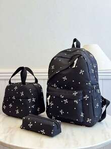 3pcs Nylon Bow Print Backpack Set, Foldable Multi-Pocket Large Capacity Waterproof Zipper Backpack, Suitable For Teenagers, High School Students, College Students, Ladies For Daily Use, Commuting, Travel, Valentine's Day Gift - Black - View 7